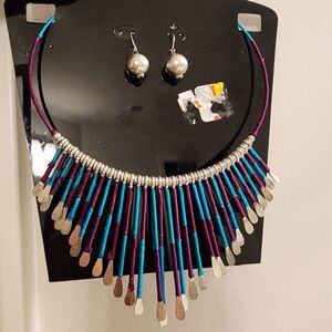 Silver and Blue Statement Necklace and Earring Set